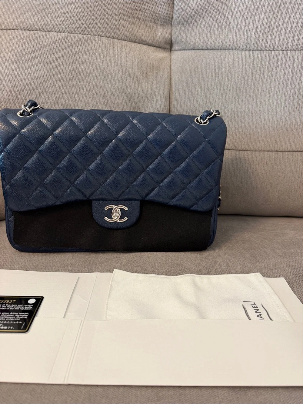 Authentic Chanel Classic Jumbo Double Flap Bag - Navy Blue Caviar Leather
